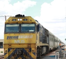 The Indian Pacific National NR35 arriving at Cook from the east