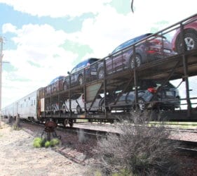 Cars being transported on the Indian Pacific at Cook towards Perth