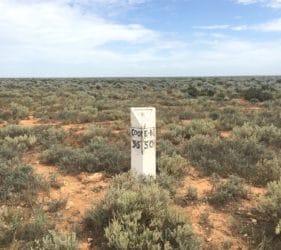 Old style road marker on Cook Road, 55Km to Cook, 50Km to Eyre Highway