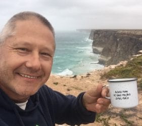 Vic enjoying a coffee overlooking the Bunda Cliffs from In Between the Dunes campsite