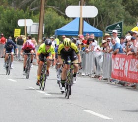 Sprint to the finish line of Stage 1 of the Women's Tour Down Under at Gumeracha