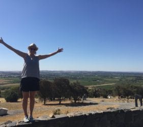 Gita enjoying the view from Mengler's Hill Lookout and Sculpture Park, Bethany
