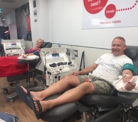 Leonie and Vic donating blood in Modbury Red Cross Blood Service