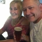 Leonie and Vic enjoying a beer at the Rising Sun Hotel, Lobethal