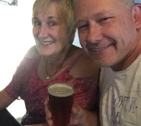 Leonie and Vic enjoying a beer at the Rising Sun Hotel, Lobethal